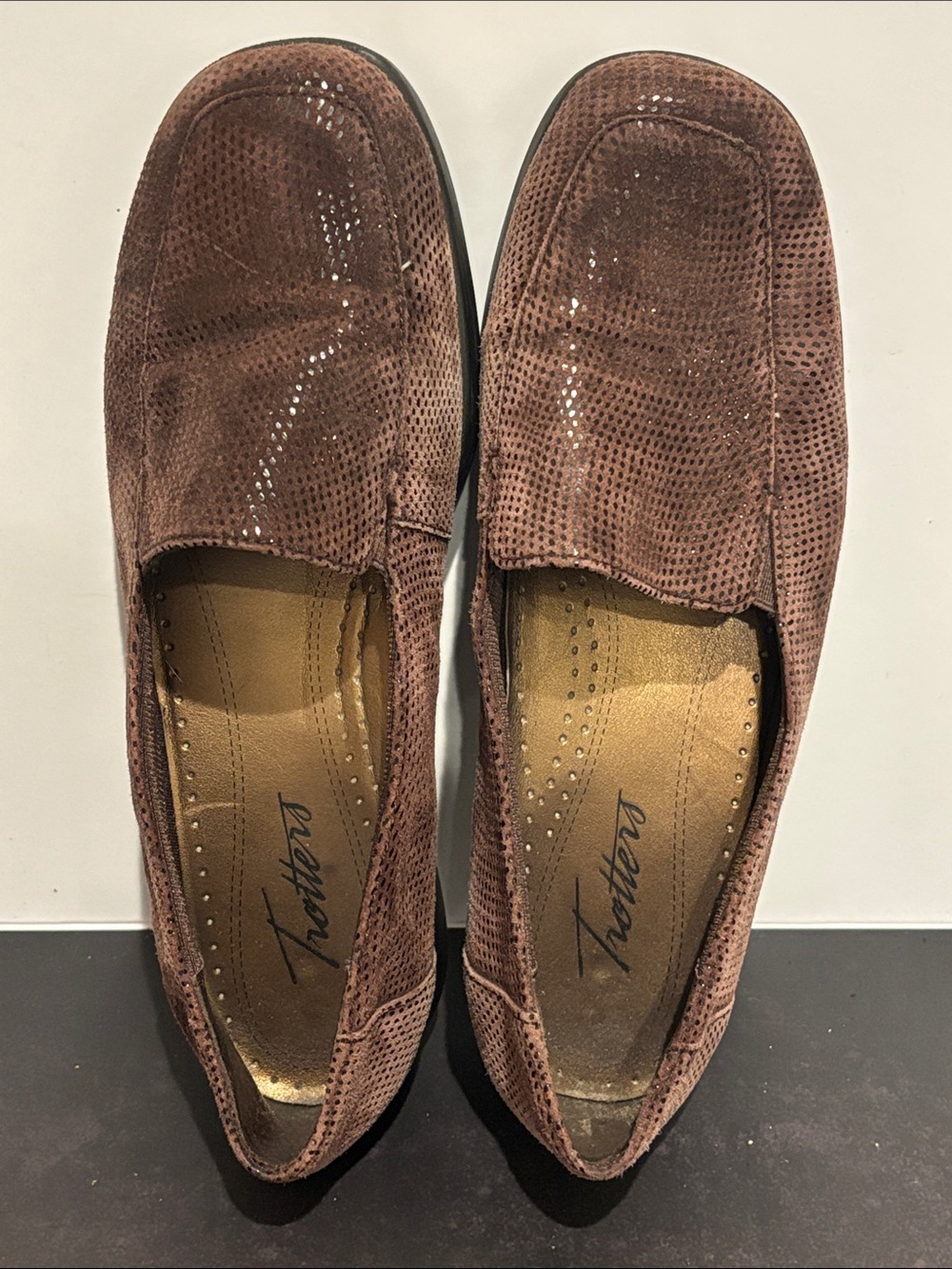 Trotters Perforated Chestnut Brown Suede Slip-Ons